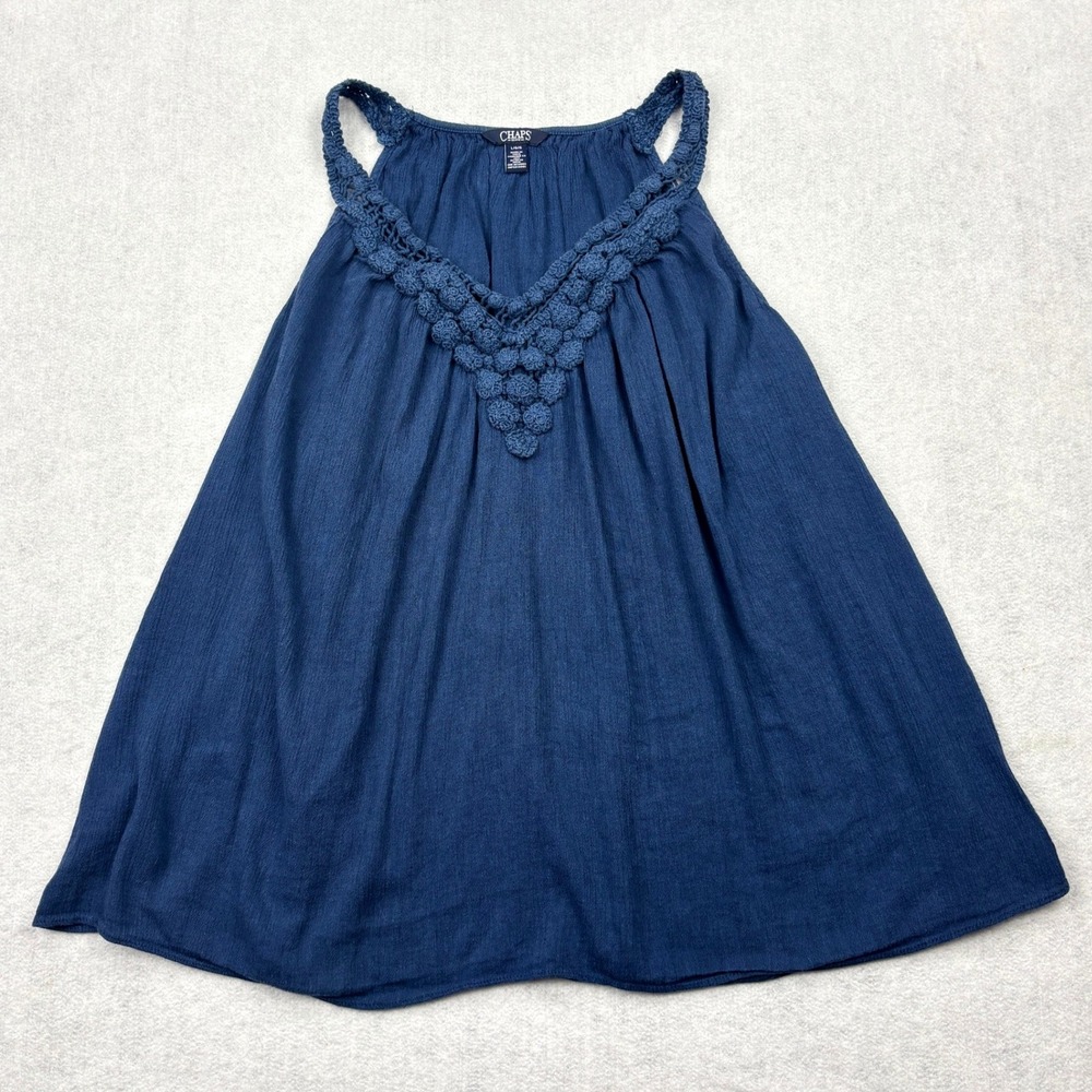 Chaps Denim Tank Top Womens Large Blue Crochet Lace V-Neck Cotton Gauze Blouse